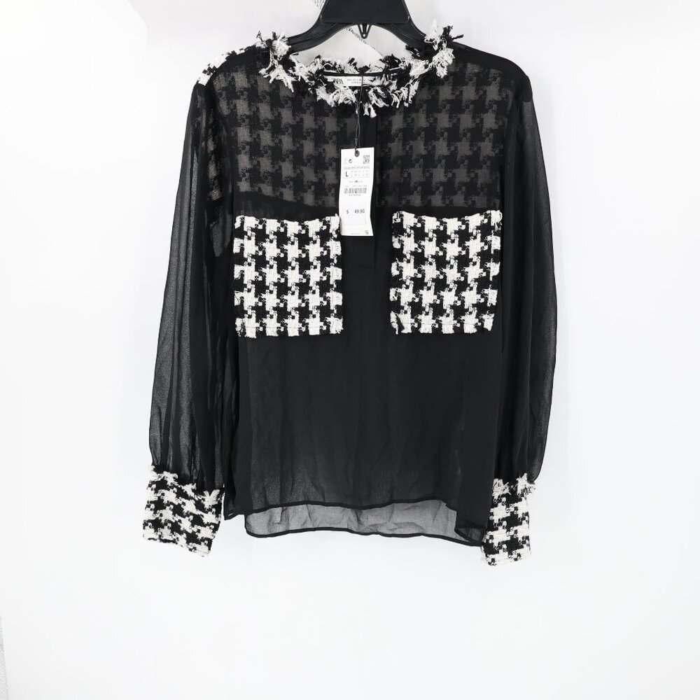 NWT Zara top Womens Large Contrast Tweed Detail Long Sleeve Blouse Black sheer